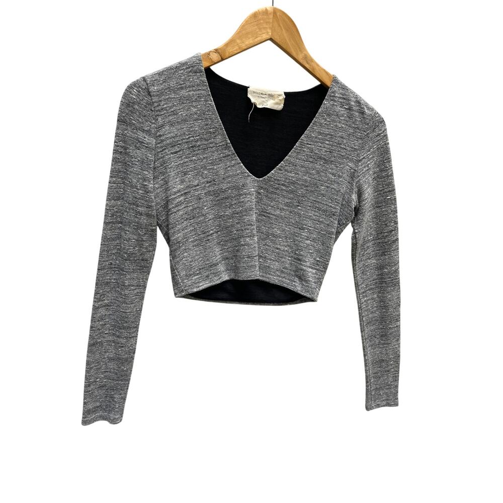 Alice + Olivia Jori Cropped Top Grey Long Sleeve V Neck Heathered Top Size 6